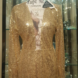 NWT Rare London - Gold Sequin Plunging Neck Dress